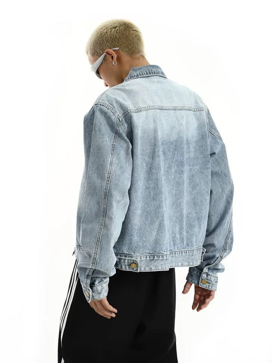 Gradient wash shoulder padded zipper denim jacket